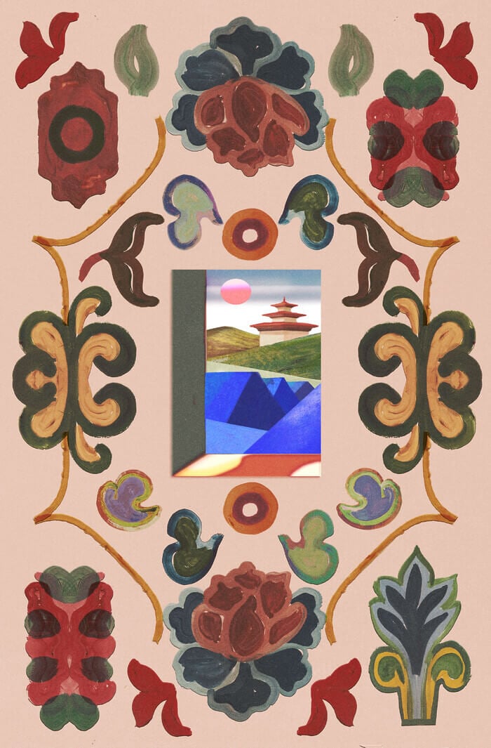 An illustration depicts an ornately painted wall with an opening to the outdoors. The view shows blue tents in front of grassy hills with a white building that has three tiers of red roofs on top of it.