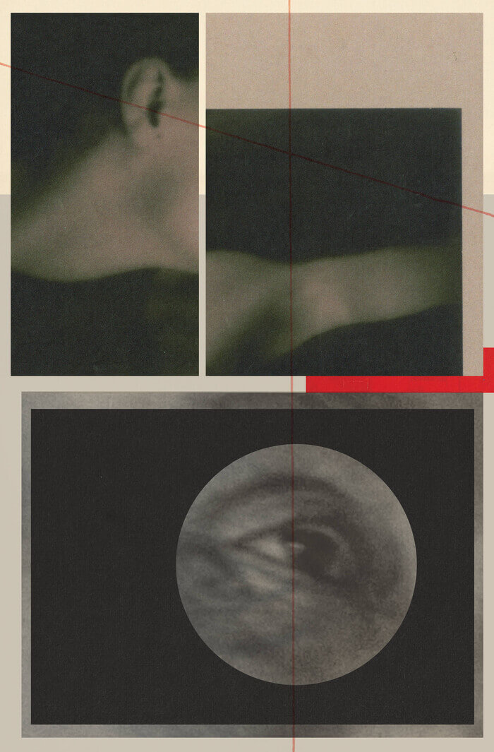 A collage includes cutout rectangles, squares, and circles of the side of a face, a jawbone, and an eye.