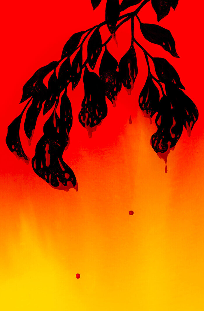 A silhouette of a tree branch dripping with blood is laid over a gradient background that, from the bottom to the top, changes from yellow to orange to red.