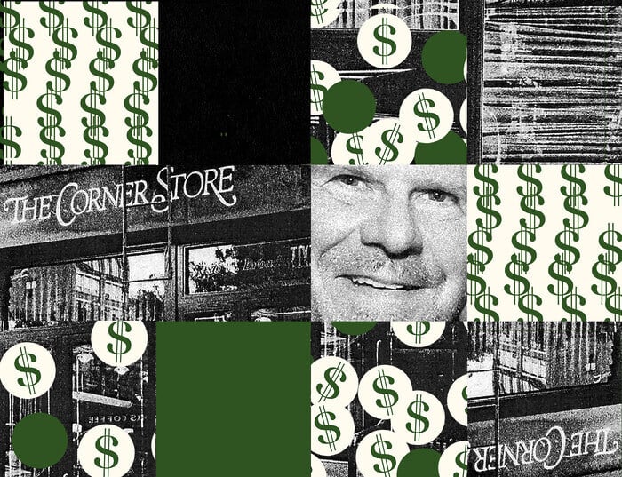 A collage featuring squares of dollar symbols, the face of Tilman Fertitta, and the facade of the restaurant The Corner Store.