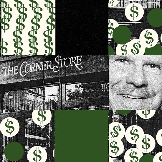 A collage featuring squares of dollar symbols, the face of Tilman Fertitta, and the facade of the restaurant The Corner Store.
