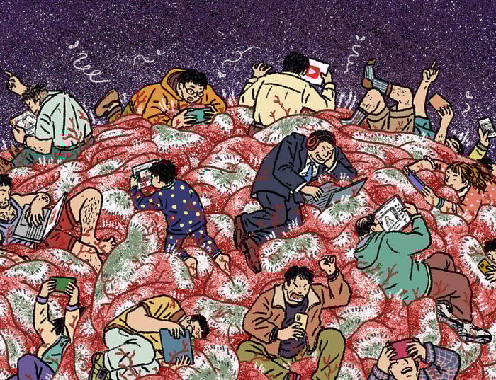 A group of men staring into their smartphones lounge on an oversized human brain.