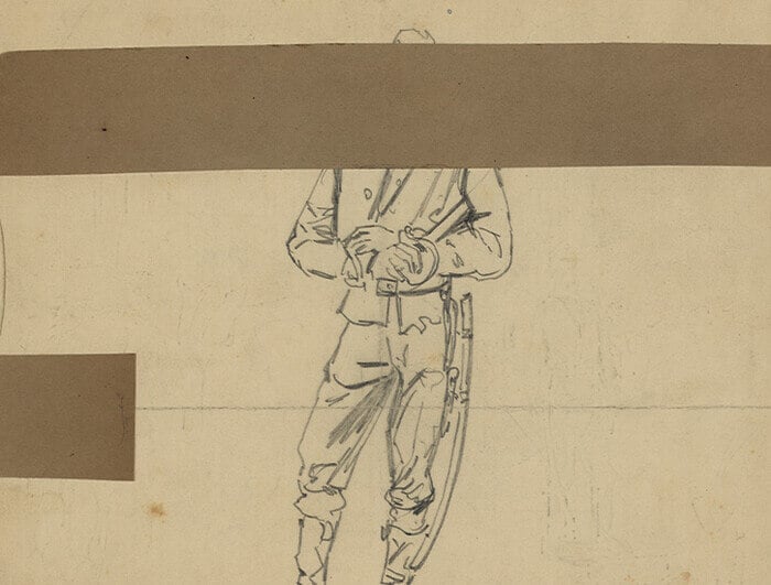 A pencil drawing of a Civil War-era soldier. A piece of brown tape obscures his face.
