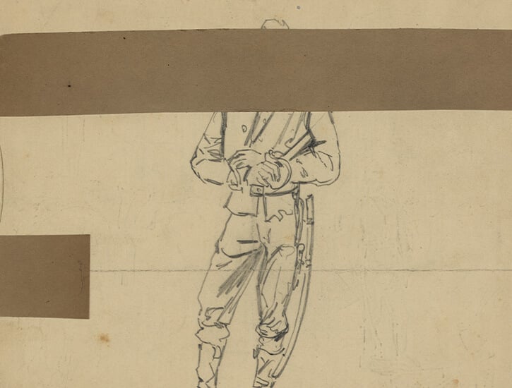 A pencil drawing of a Civil War-era soldier. A piece of brown tape obscures his face.