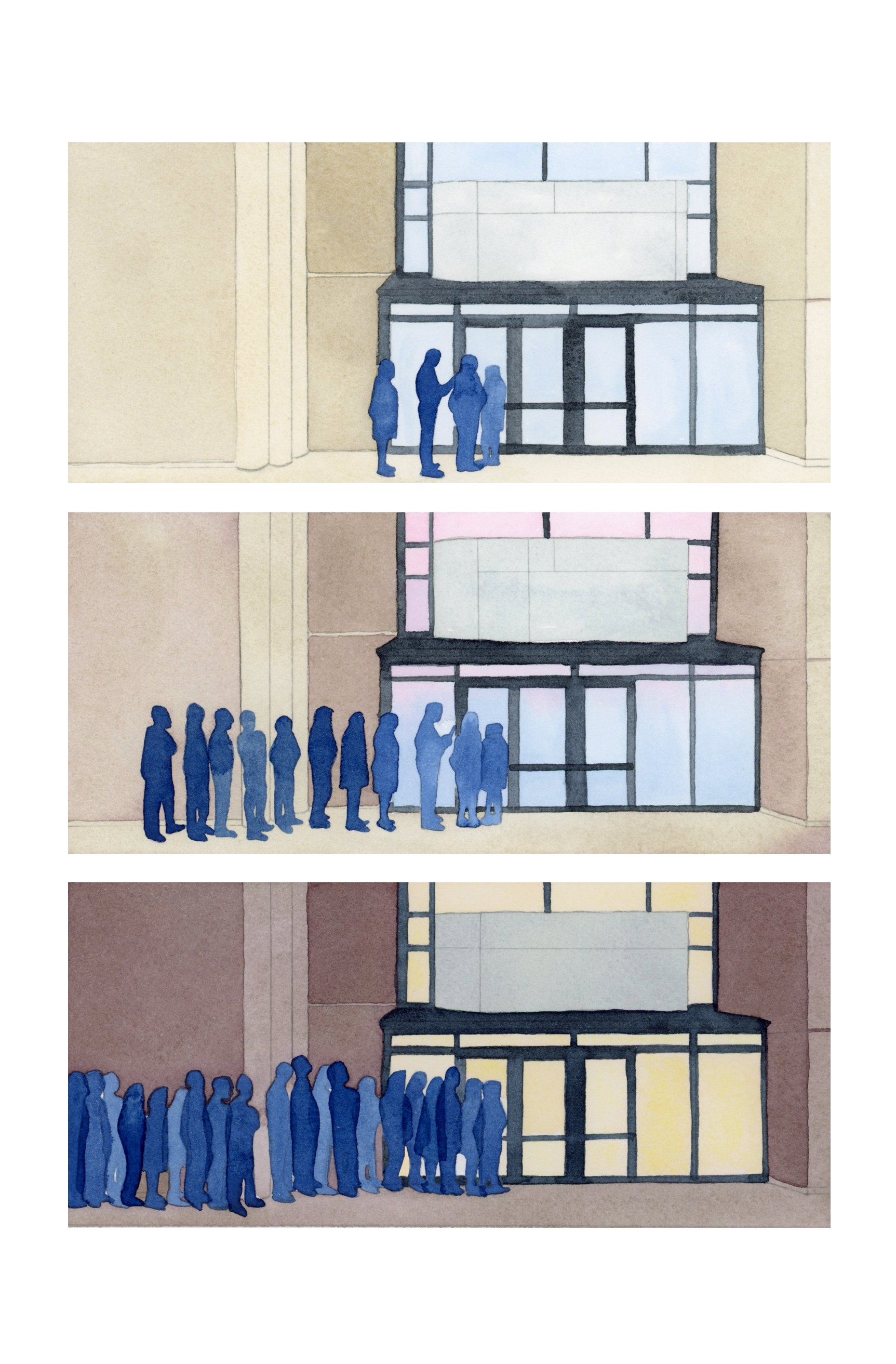 A watercolor painting of a municipal building entrance at three different times, with lines of people progressively growing outside its glass doors.