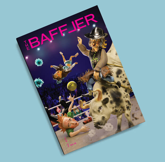 A claymation still depicts three people in motion in a wrestling ring: a cowboy riding a bull with steam emanating from its nose, a bowler falling to the ground with a yellow, metallic bowling ball flying out of his hand, and a cheerleader with turquoise pompoms suspended midair. There’s an audience surrounding the ring, and pink and blue lights in the rafters.