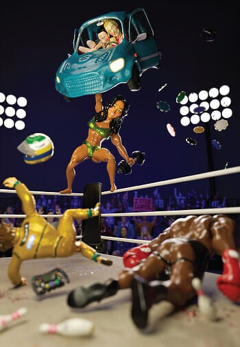 A claymation still depicts five people in motion in a wrestling ring: a tanned female bodybuilder in a metallic green bikini standing on the ring’s ropes, holding a car with two men grappling in one hand, and a large dumbbell in the other. Within the ring, a light-skinned racecar driver in a gold suit is falling through the air to the ground with his helmut above him. To the right of him, a black boxer with red boxing gloves, assless black chaps, and black boots is falling face-forward onto the ring’s floor, which is littered with blood splatter, bowling pins, and a video game controller. There’s an audience surrounding the ring, and pink and blue lights in the rafters. Two large grids of spotlights are in the rafters, and an audience surrounds the ring. One audience member is holding up a sign that reads “I STEAL COPPER.”