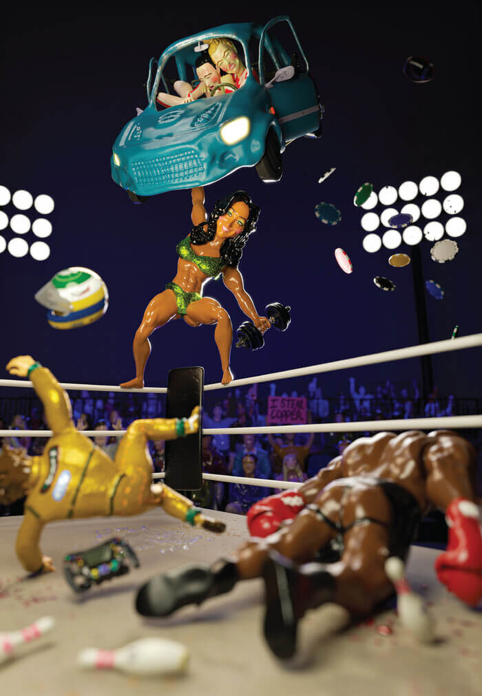 A claymation still depicts five people in motion in a wrestling ring: a tanned female bodybuilder in a metallic green bikini standing on the ring’s ropes, holding a car with two men grappling in one hand, and a large dumbbell in the other. Within the ring, a light-skinned racecar driver in a gold suit is falling through the air to the ground with his helmut above him. To the right of him, a black boxer with red boxing gloves, assless black chaps, and black boots is falling face-forward onto the ring’s floor, which is littered with blood splatter, bowling pins, and a video game controller. There’s an audience surrounding the ring, and pink and blue lights in the rafters. Two large grids of spotlights are in the rafters, and an audience surrounds the ring. One audience member is holding up a sign that reads “I STEAL COPPER.”