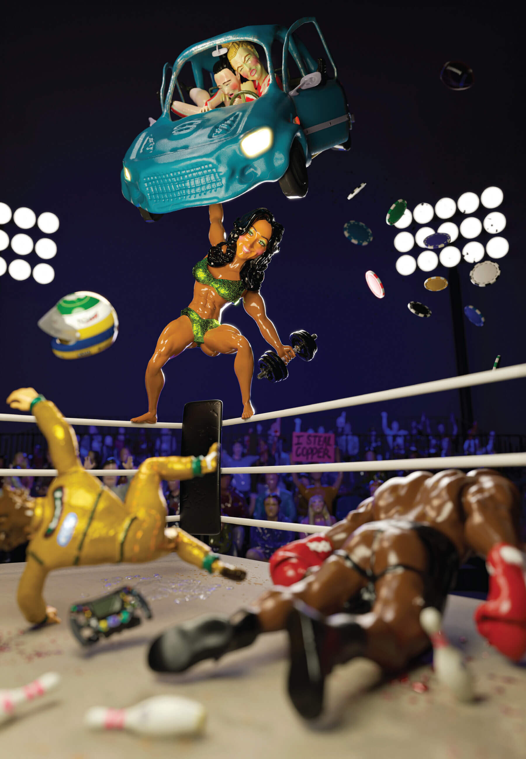 A claymation still depicts five people in motion in a wrestling ring: a tanned female bodybuilder in a metallic green bikini standing on the ring’s ropes, holding a car with two men grappling in one hand, and a large dumbbell in the other. Within the ring, a light-skinned racecar driver in a gold suit is falling through the air to the ground with his helmut above him. To the right of him, a black boxer with red boxing gloves, assless black chaps, and black boots is falling face-forward onto the ring’s floor, which is littered with blood splatter, bowling pins, and a video game controller. There’s an audience surrounding the ring, and pink and blue lights in the rafters. Two large grids of spotlights are in the rafters, and an audience surrounds the ring. One audience member is holding up a sign that reads “I STEAL COPPER.”