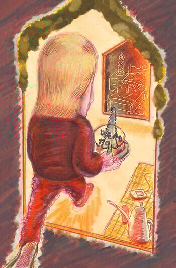 An oil pastel drawing of a man walking into a room with an iPod and a kettle on the ground, while carrying a cake with the words “DEAD TO” in sight. In the room beyond, a person is sleeping on a twin-sized bed.