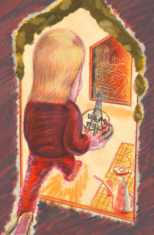 An oil pastel drawing of a man walking into a room with an iPod and a kettle on the ground, while carrying a cake with the words “DEAD TO” in sight. In the room beyond, a person is sleeping on a twin-sized bed.