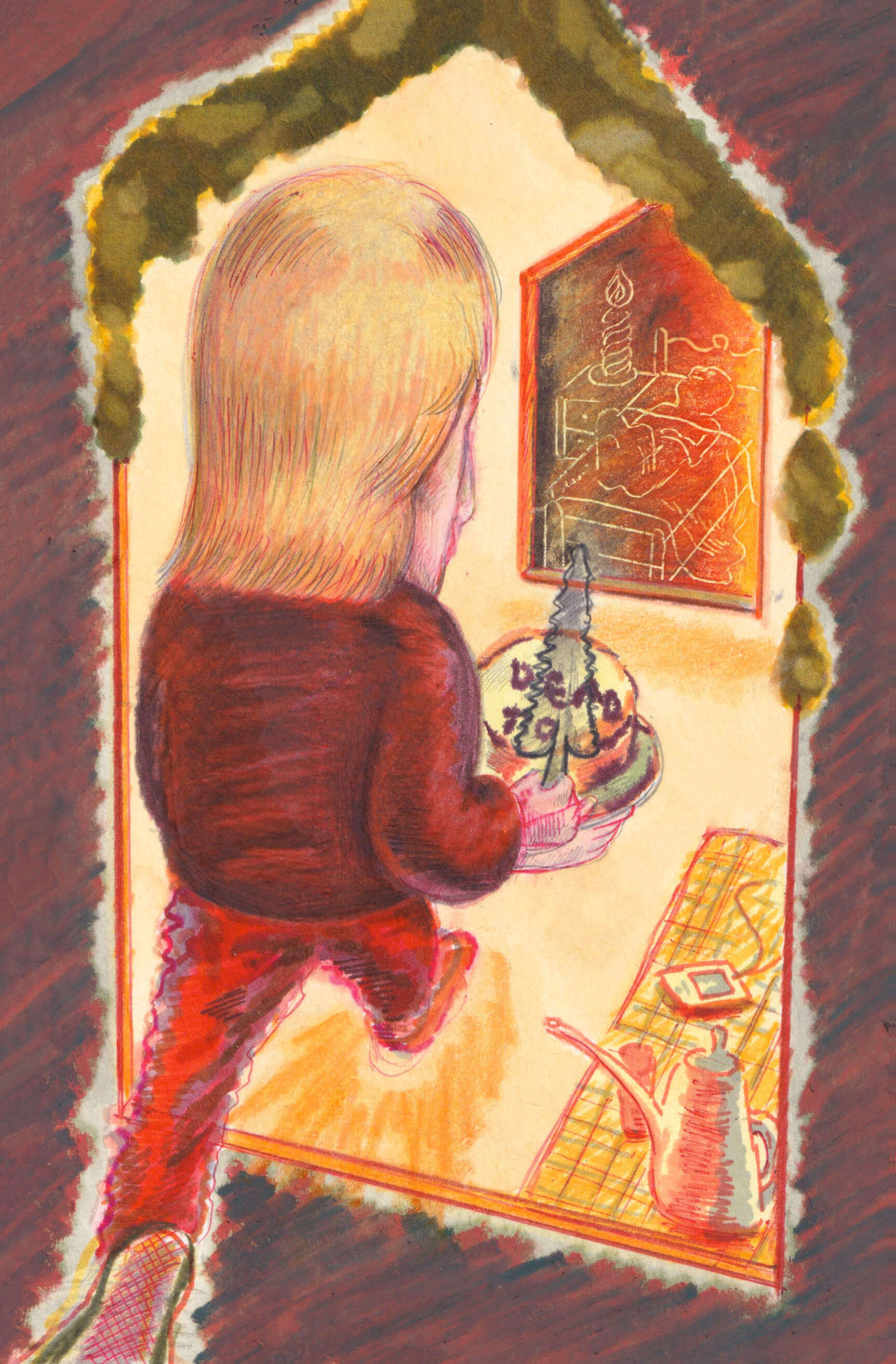 An oil pastel drawing of a man walking into a room with an iPod and a kettle on the ground, while carrying a cake with the words “DEAD TO” in sight. In the room beyond, a person is sleeping on a twin-sized bed.