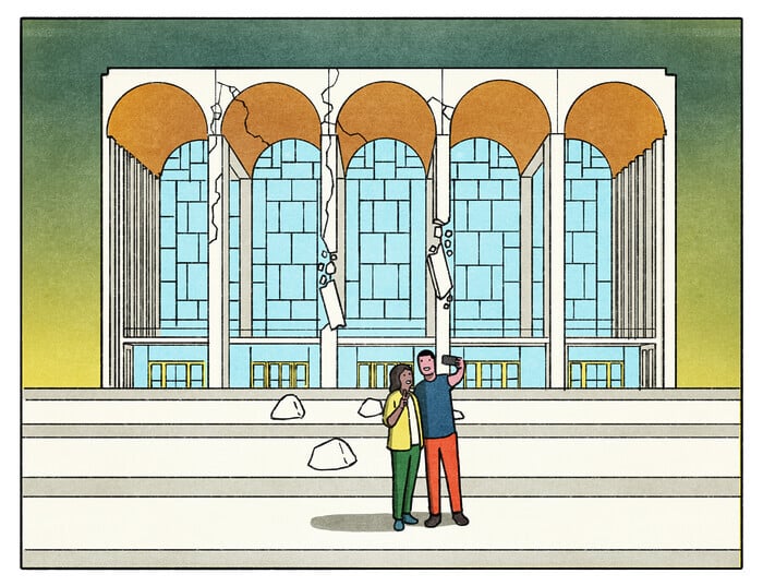 A couple takes a selfie in front of the crumbling edifice of the Metropolitan Opera in New York.