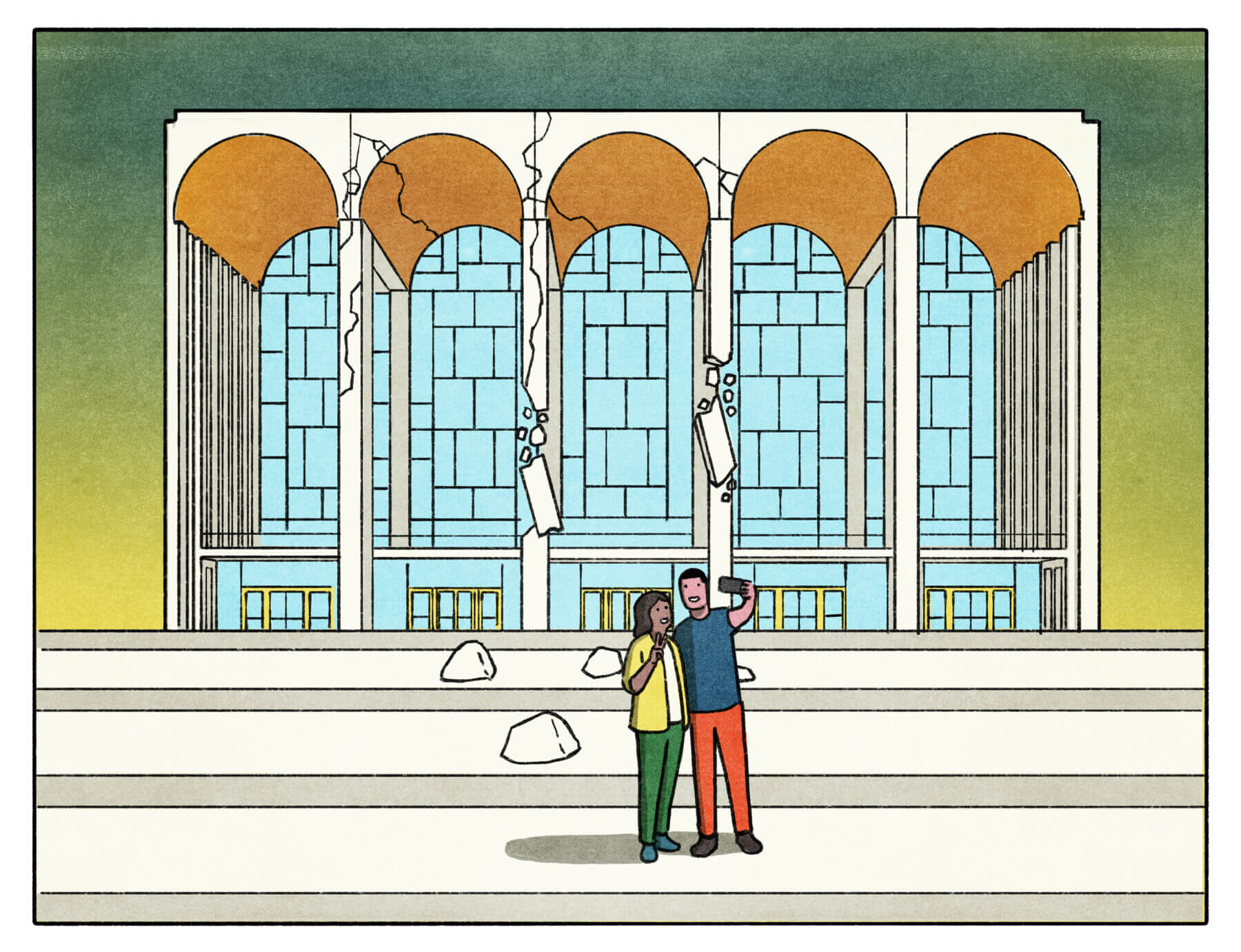 A couple takes a selfie in front of the crumbling edifice of the Metropolitan Opera in New York.