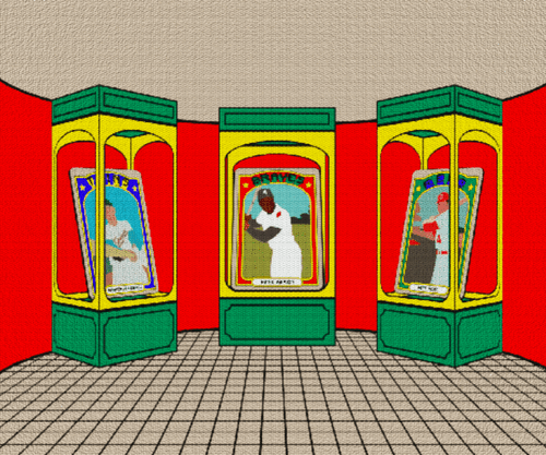 A digital illustration of three large display cases, each with a large poster-sized baseball card of a posed baseball player instead of it.
