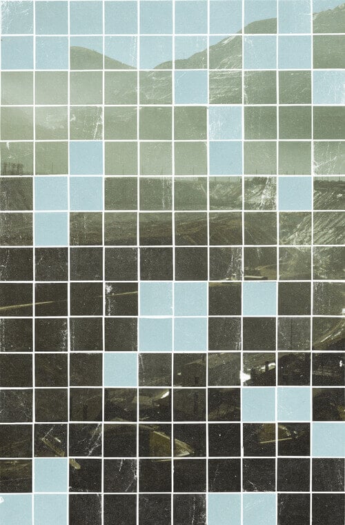 A collage weaves a blue sky into strips of a photograph of dirt-colored hills.