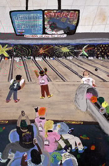A colorful painting depicts bowlers bowling, some watching, cheering, and recording on phones from the seats. There are two monitors hanging from a ceiling—the left one shows the score, and the right says “STRIKE!”