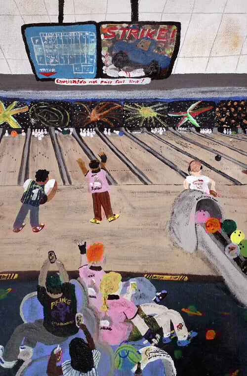 A colorful painting depicts bowlers bowling, some watching, cheering, and recording on phones from the seats. There are two monitors hanging from a ceiling—the left one shows the score, and the right says “STRIKE!”