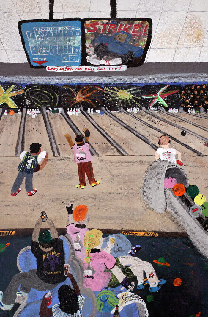 A colorful painting depicts bowlers bowling, some watching, cheering, and recording on phones from the seats. There are two monitors hanging from a ceiling—the left one shows the score, and the right says “STRIKE!”