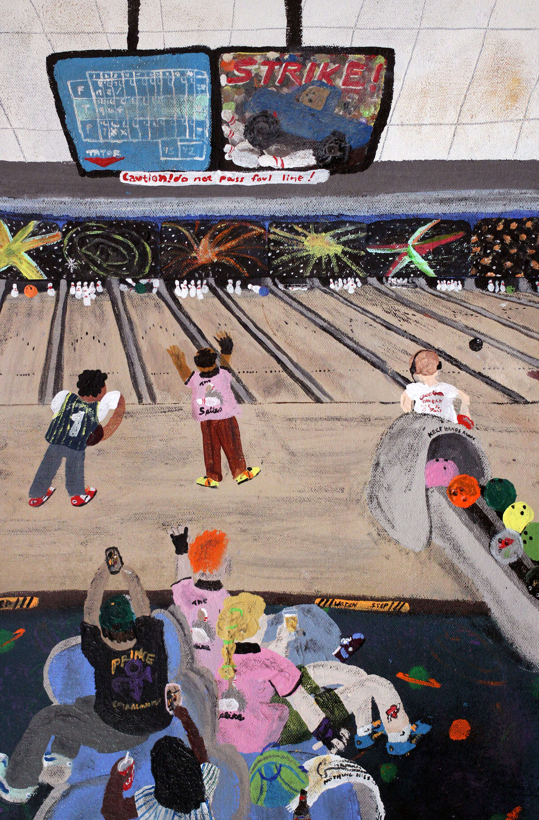 A colorful painting depicts bowlers bowling, some watching, cheering, and recording on phones from the seats. There are two monitors hanging from a ceiling—the left one shows the score, and the right says “STRIKE!”