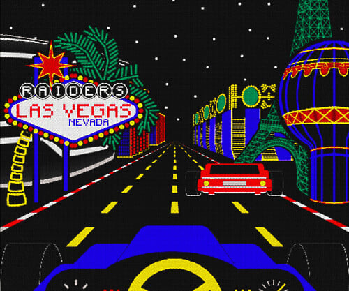 A digital pixel illustration of the Las Vegas Strip at night from behind the steering wheel of a car. A Las Vegas sign reads “RAIDERS” at the very top.