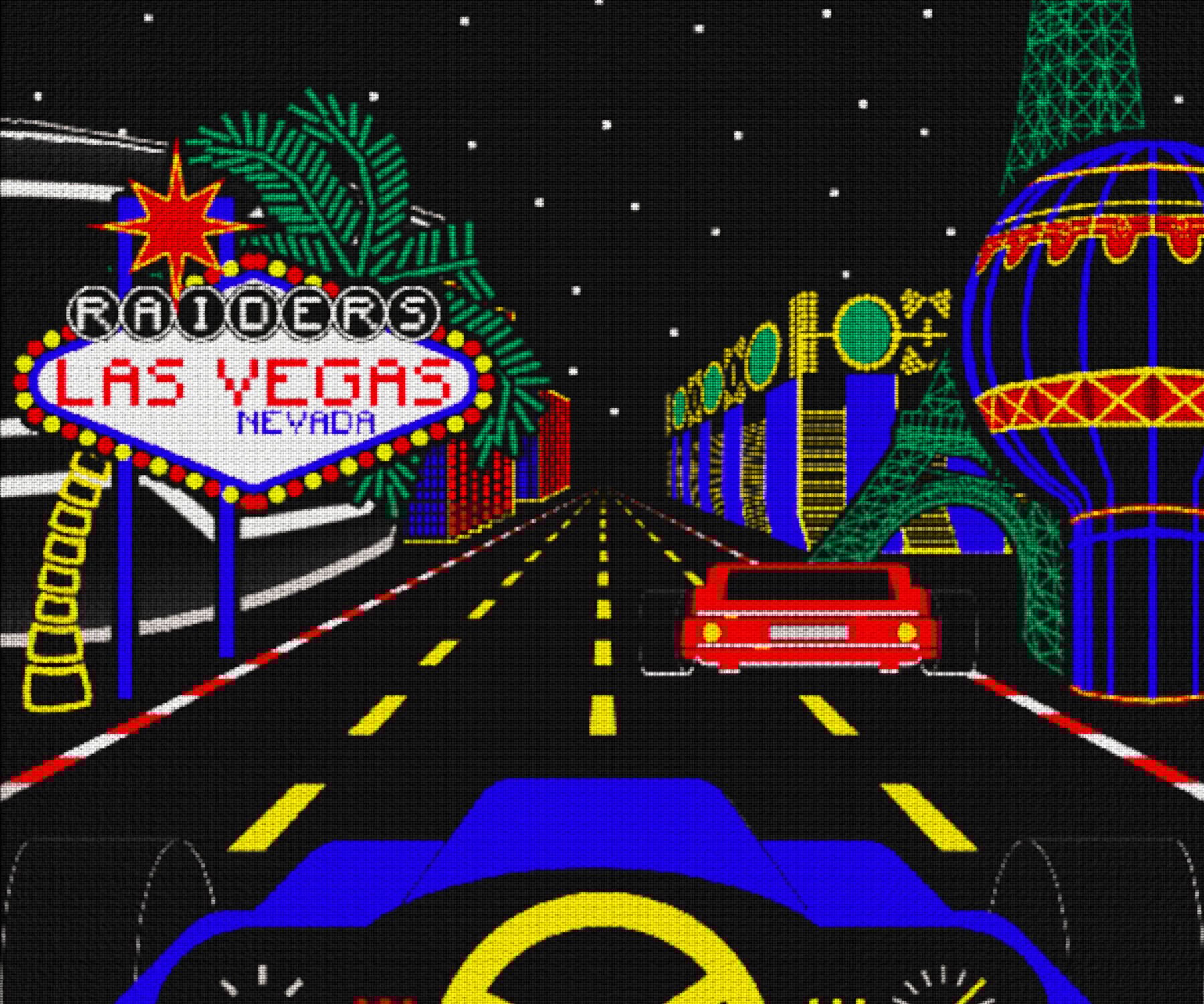 A digital pixel illustration of the Las Vegas Strip at night from behind the steering wheel of a car. A Las Vegas sign reads “RAIDERS” at the very top.