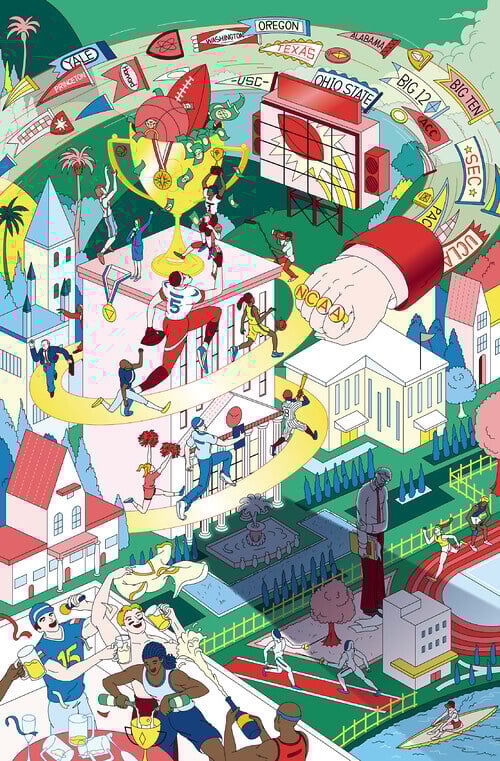 A busy illustration depicts a giant fist, with rings that spell out “NCAA,” swinging through the air over tiny buildings, and in its wake is a stream of college sports banners of different shapes and sizes. A golden ramp curves around a building in the center, with athletes dressed in varying sports gear racing to the top, where a giant trophy cup stands, teaming with dollar bills, medals, a basketball, and a football.