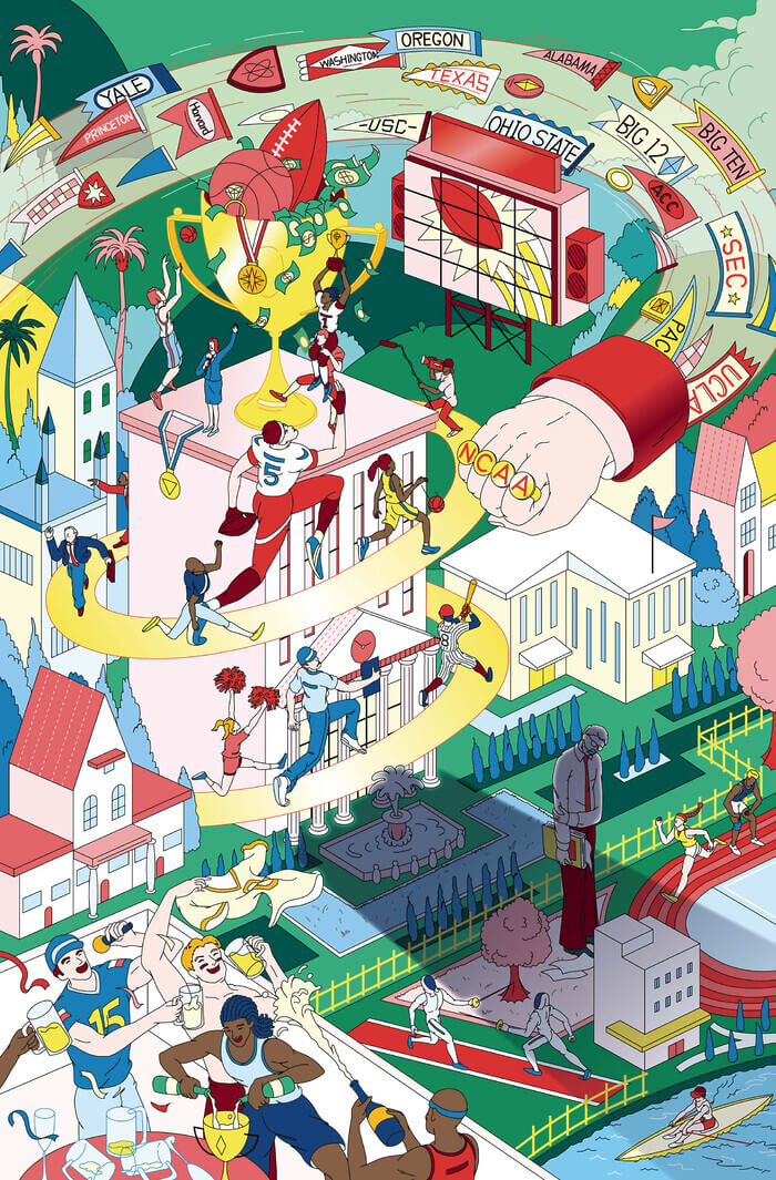 A busy illustration depicts a giant fist, with rings that spell out “NCAA,” swinging through the air over tiny buildings, and in its wake is a stream of college sports banners of different shapes and sizes. A golden ramp curves around a building in the center, with athletes dressed in varying sports gear racing to the top, where a giant trophy cup stands, teaming with dollar bills, medals, a basketball, and a football.