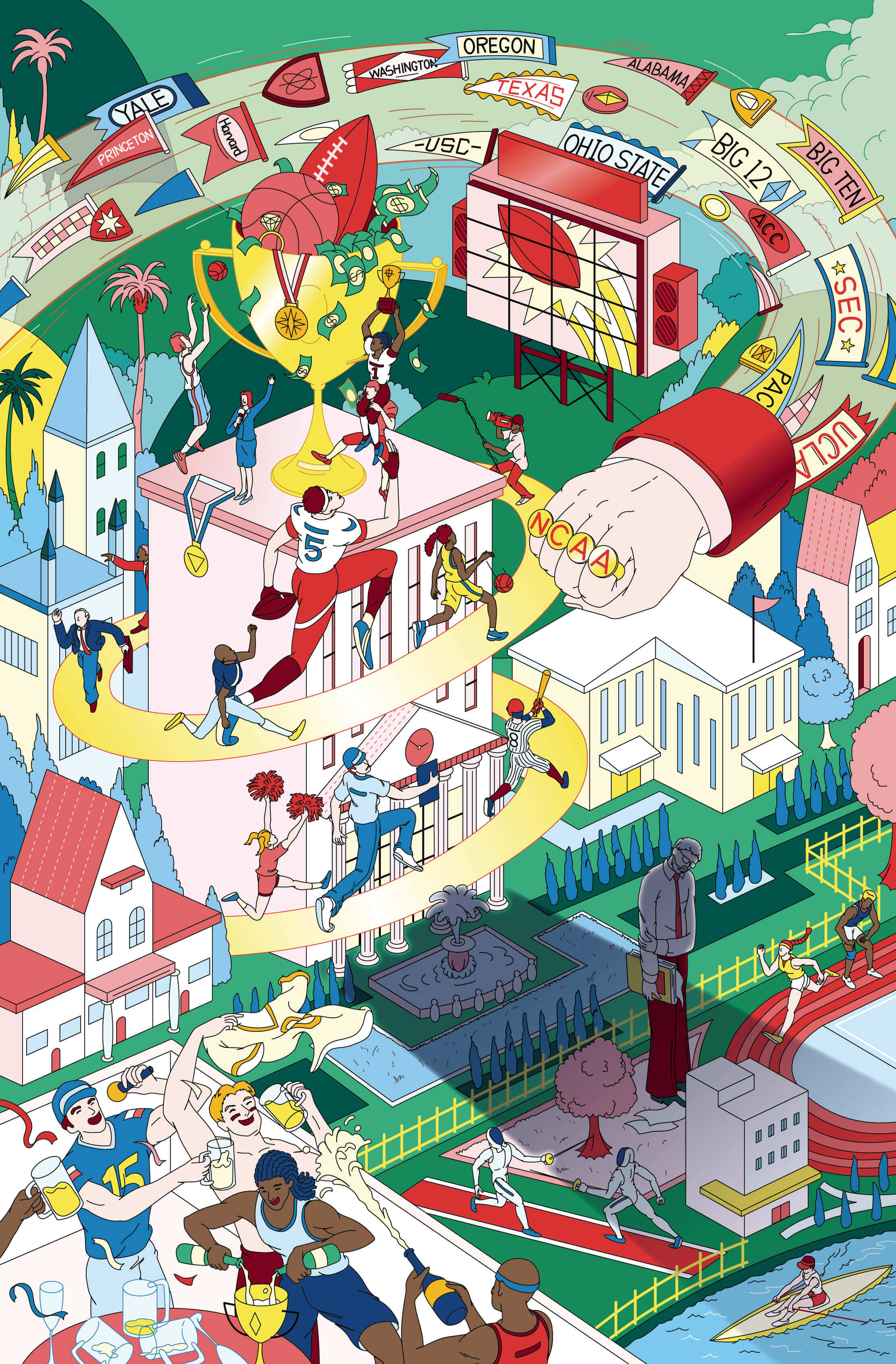 A busy illustration depicts a giant fist, with rings that spell out “NCAA,” swinging through the air over tiny buildings, and in its wake is a stream of college sports banners of different shapes and sizes. A golden ramp curves around a building in the center, with athletes dressed in varying sports gear racing to the top, where a giant trophy cup stands, teaming with dollar bills, medals, a basketball, and a football.