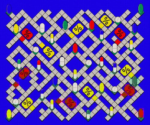 A digital illustration of pills on a blue background and lattice of small gray squares, as well as yellow and red rectangles with percentage signs inside them.