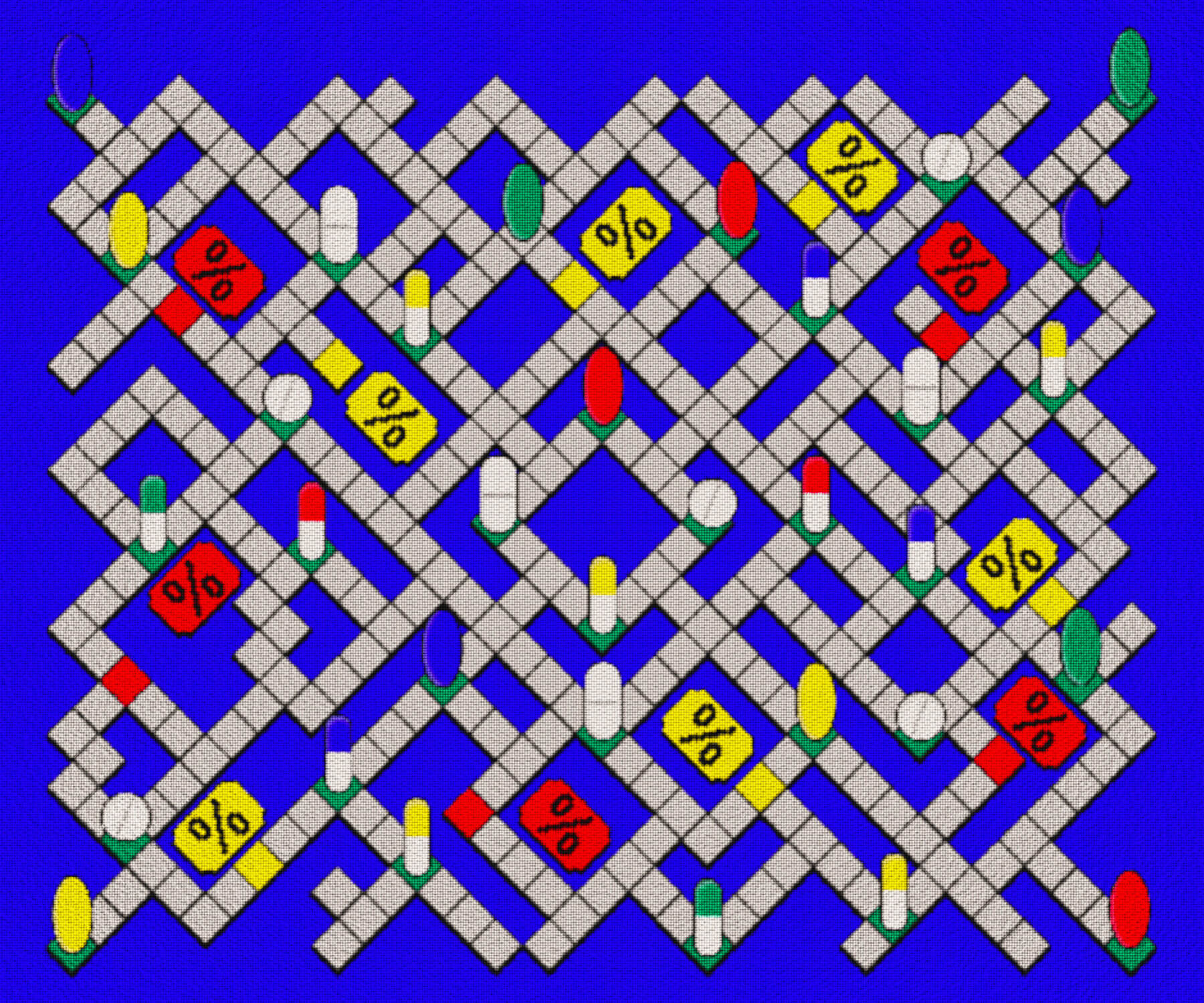 A digital illustration of pills on a blue background and lattice of small gray squares, as well as yellow and red rectangles with percentage signs inside them.