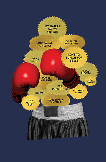 A collage of a bodiless boxer on a navy blue background. In place of the body are gold stickers that say things like “MY HATERS PAY TO SEE ME!,” “SOMEWHAT ATHLETIC!,” “SO MUCH PUNCHING!,” AND “LOVE TO PUNCH FOR $$$$$.”