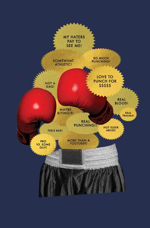 A collage of a bodiless boxer on a navy blue background. In place of the body are gold stickers that say things like “MY HATERS PAY TO SEE ME!,” “SOMEWHAT ATHLETIC!,” “SO MUCH PUNCHING!,” AND “LOVE TO PUNCH FOR $$$$$.”