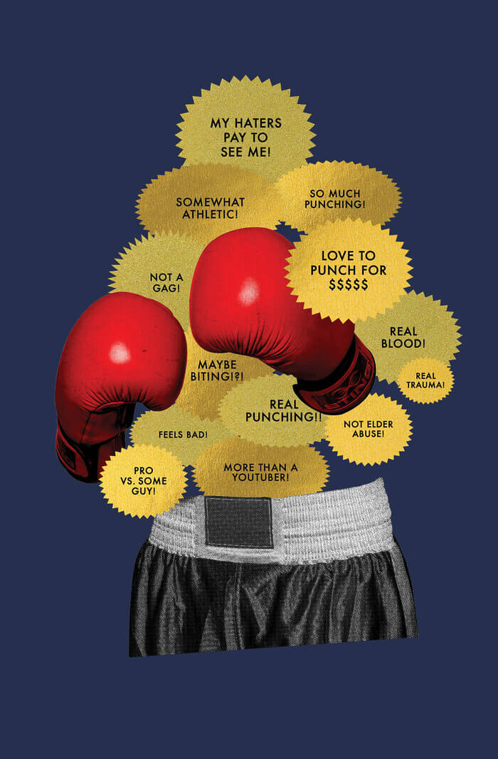 A collage of a bodiless boxer on a navy blue background. In place of the body are gold stickers that say things like “MY HATERS PAY TO SEE ME!,” “SOMEWHAT ATHLETIC!,” “SO MUCH PUNCHING!,” AND “LOVE TO PUNCH FOR $$$$$.”