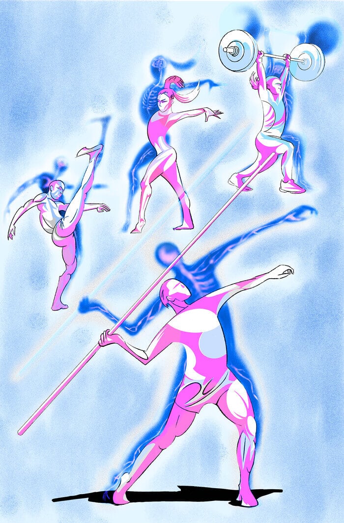 A pink and blue illustration with four athletes in various poses. In the forefront a man holds a javelin, in the background, one person kicks their leg up, another stands with their arms swinging backwards with their left foot forward, and the last stands with their right foot forward while holding a heavy barbell.