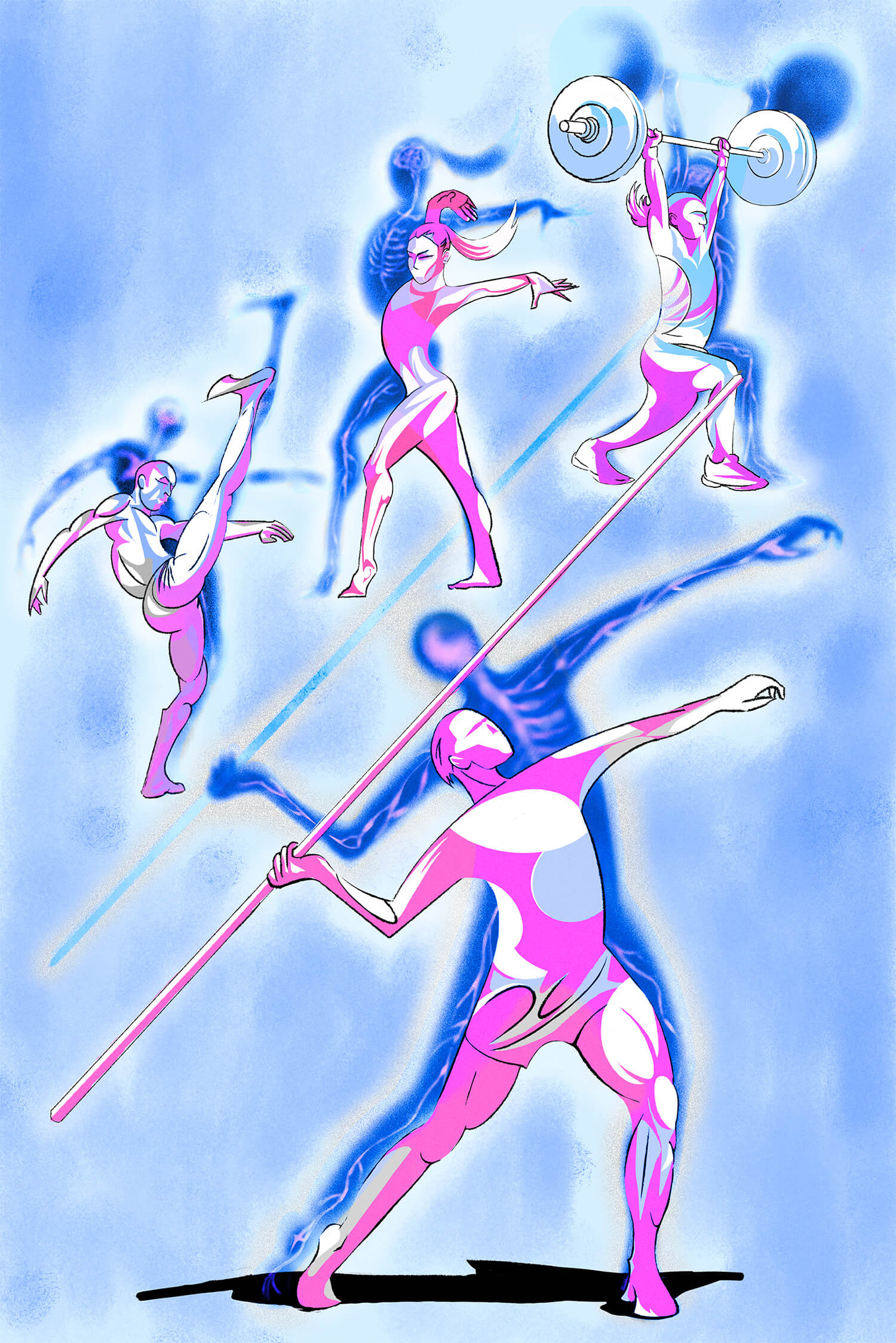 A pink and blue illustration with four athletes in various poses. In the forefront a man holds a javelin, in the background, one person kicks their leg up, another stands with their arms swinging backwards with their left foot forward, and the last stands with their right foot forward while holding a heavy barbell.