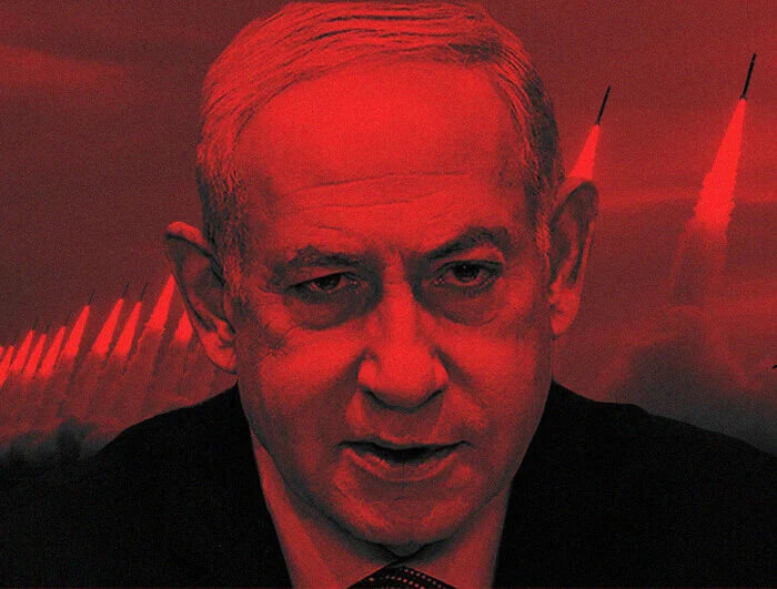 Bibi Netanyahu's face in front of a row of missiles launching into the sky.