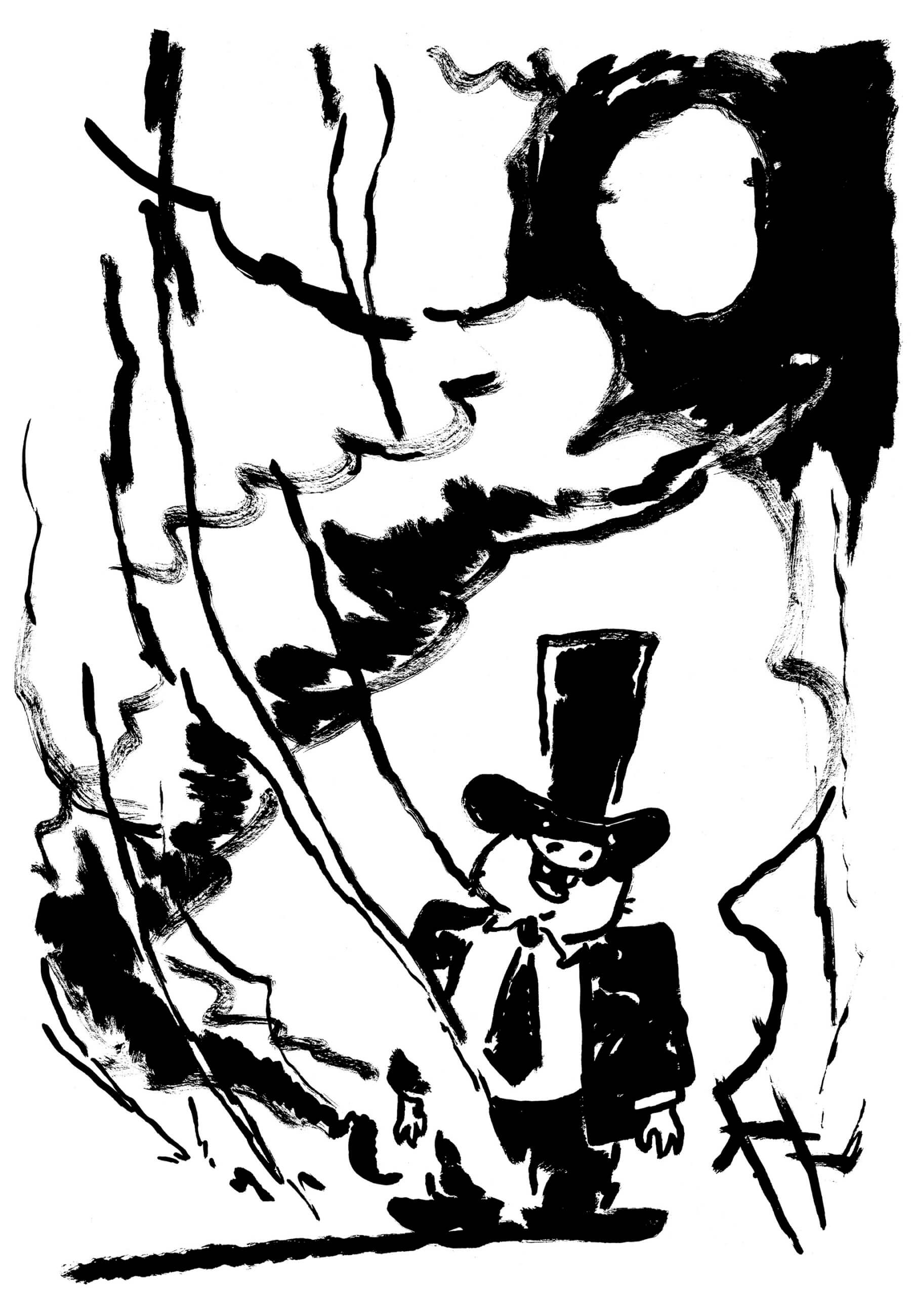 A black gouache painting of an anthropomorphic pig wearing a top hat, suit, and tie with smoke emanating from him, and a white full moon hovering in the top right corner of the image.