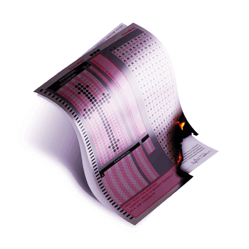 A digital illustration of a bent scantron bubble test with the bottom right corner freshly burnt. The filled out scantron bubbles form the shape of a cross.