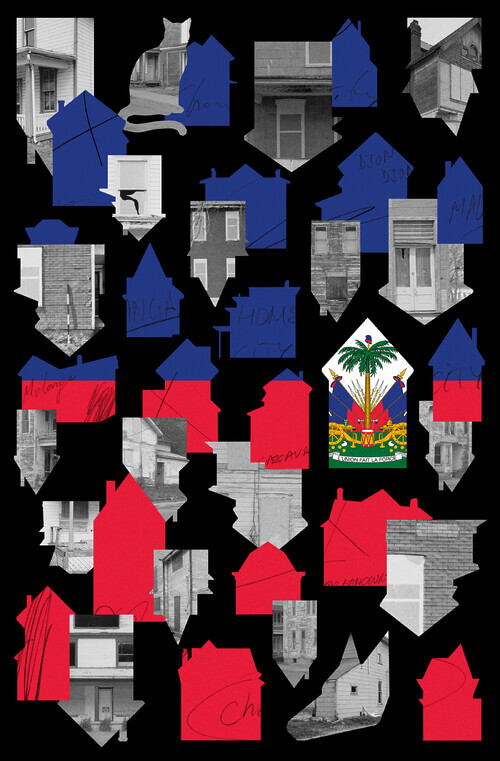 A collage of photographs of front doors cut out into upside-down houses. The top half of the image also has blue house-shaped cutouts, and the bottom half has red.