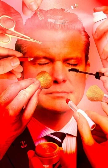 A digitally illustrated collage of a suited man closing his eyes while hands holding various makeup tools surround his face.