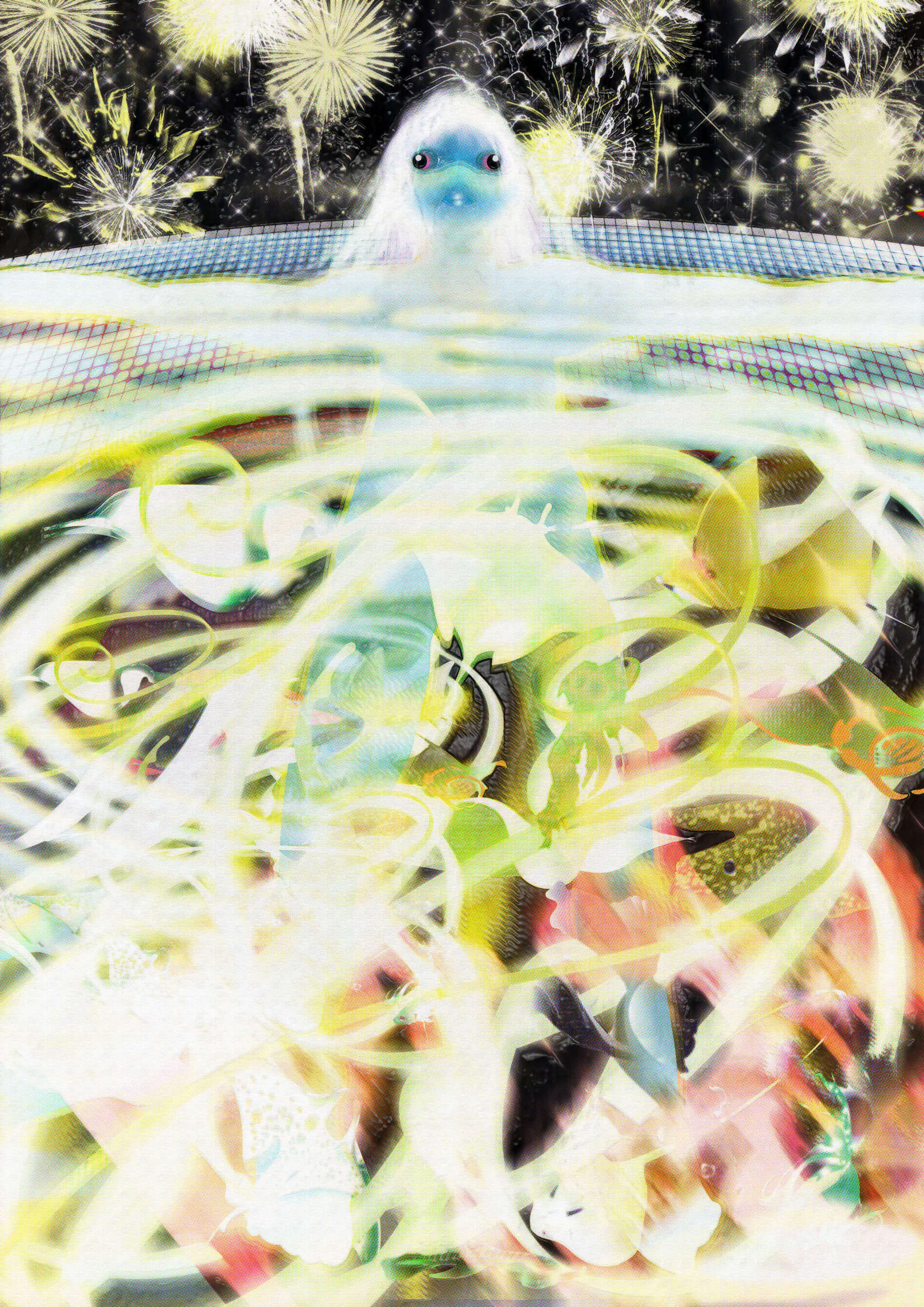 A digital illustration of a humanoid figure with blue skin and white hair with rays of green and yellow light emanating from their arms. In the sky behind them are yellow fireworks.