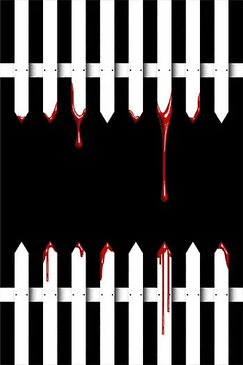 A digital illustration of white picket fences, one set pointing downward from the top, and the other pointing upward from the bottom, over a black background. The points of each are dripping with red liquid.