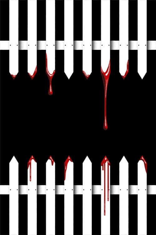 A digital illustration of white picket fences, one set pointing downward from the top, and the other pointing upward from the bottom, over a black background. The points of each are dripping with red liquid.