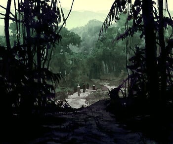 A painting of a dense jungle with a cleared path shows four blurry figures walking deeper into the forest. On the horizon, there are tall, lush green mountains.
