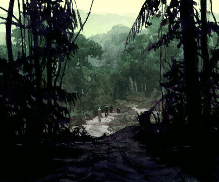 A painting of a dense jungle with a cleared path shows four blurry figures walking deeper into the forest. On the horizon, there are tall, lush green mountains.