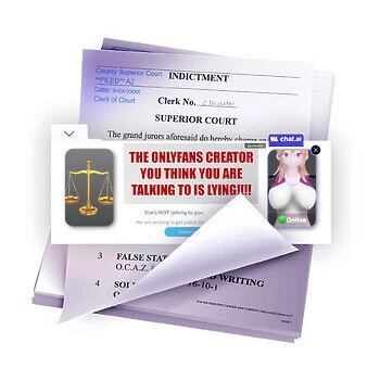 A digital illustration of legal papers that read “COUNTY SUPERIOR COURT **FILED ** AZ, INDICTMENT” lay behind a floating pop-up banner that reads “THE ONLYFANS CREATOR YOU THINK YOU ARE TALKING TO IS LYING!!!!” On the left side of the banner is an image of a scale, and on the right, an anime-style illustration of a busty blonde woman.