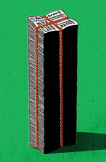 An illustration of a very tall stack of newspapers tied with red chains casts a shadow over a green background.