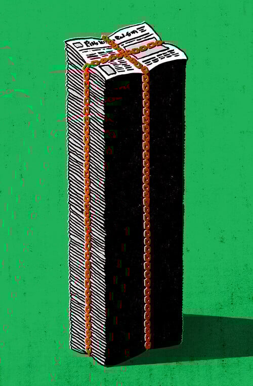 An illustration of a very tall stack of newspapers tied with red chains casts a shadow over a green background.