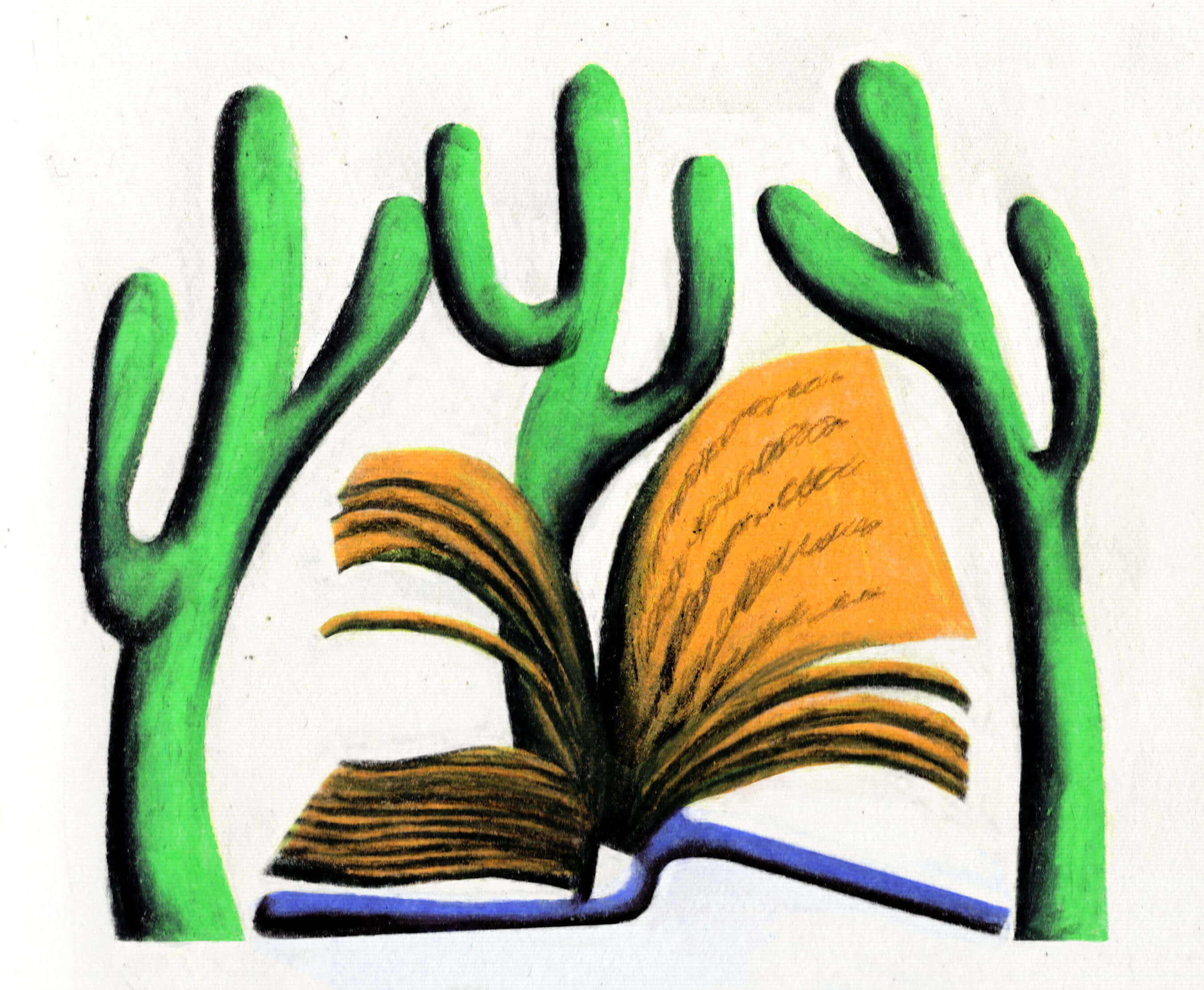 An oil pastel painting of a book flipped open with curvy cacti surrounding it.